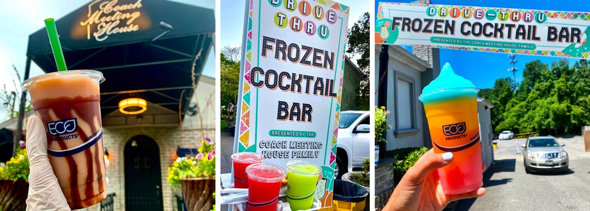 Image Collage of image showing off iced cocktails up close with banner in background reading Frozen Cocktail Bar