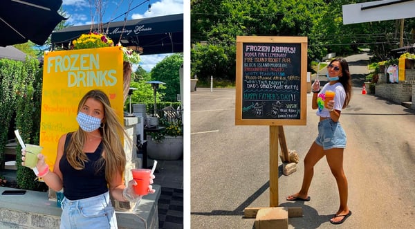 Two images of girl serving summer cocktails outside and girl showing off to-go cocktail