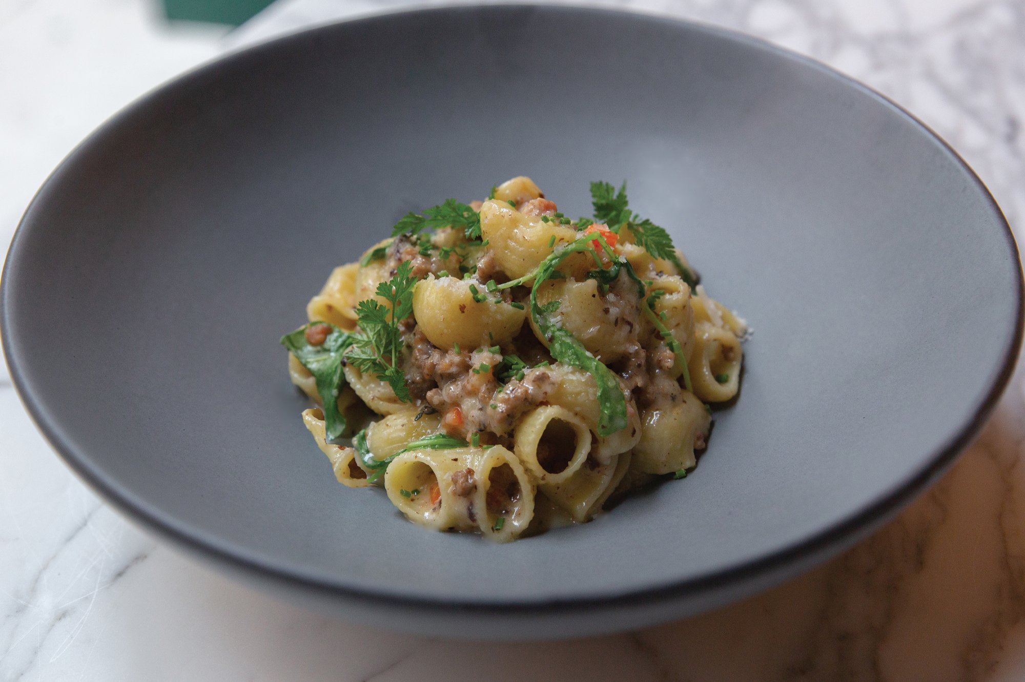 Close up of a pasta dish from Portale.