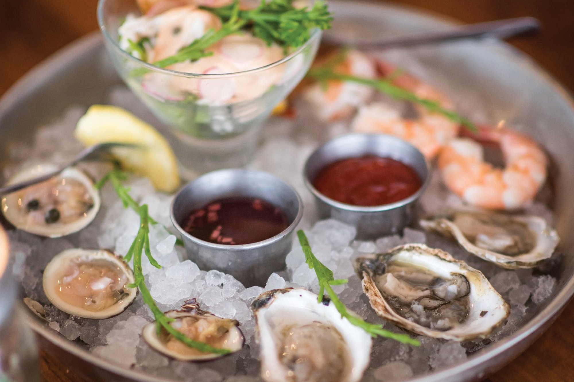 A closeup of seafood from Bostwick's on the Harbor