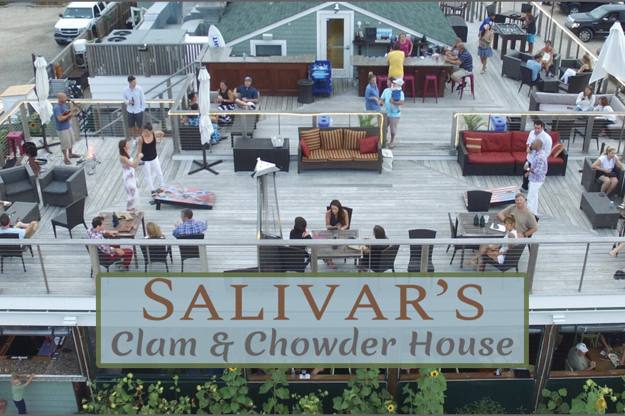An overhead view of the rooftop at Salivar's Clam & Chowder House