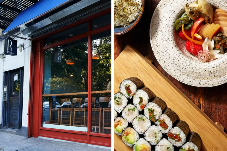 outside of Rosella sushi restaurant and assorted sushi and vegetables
