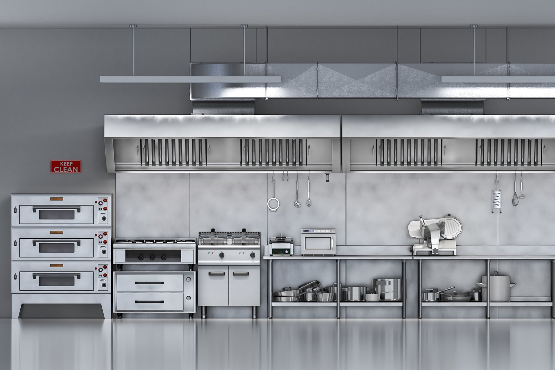 Stainless steel kitchen lineup with stoves, meat cutters, grills, etc