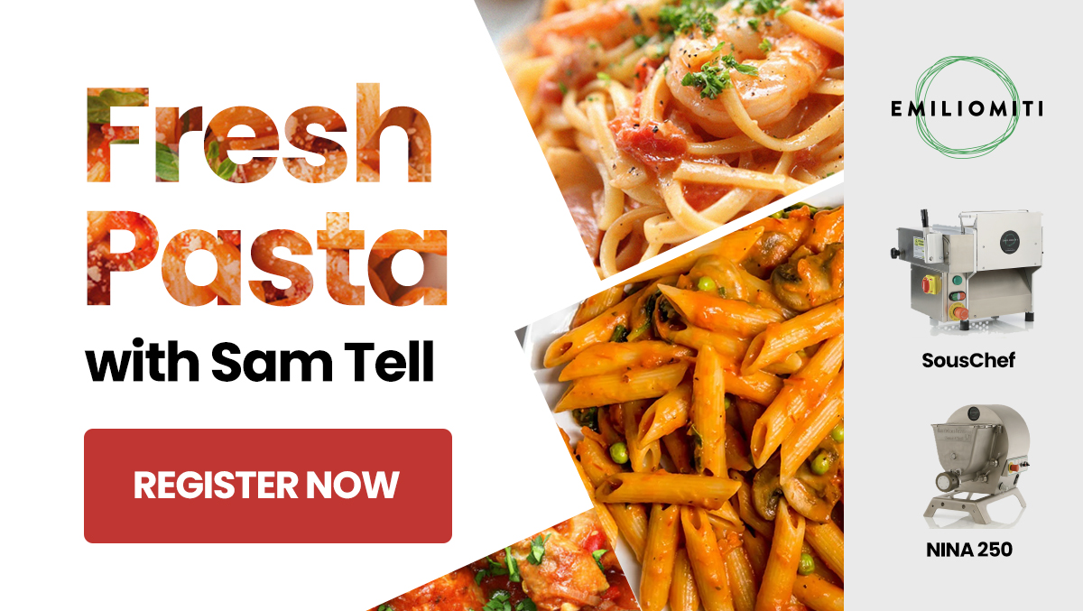 Text Graphic titled - Fresh Pasta with Sam Tell - with Emiliomiti SousChef and NINA 250