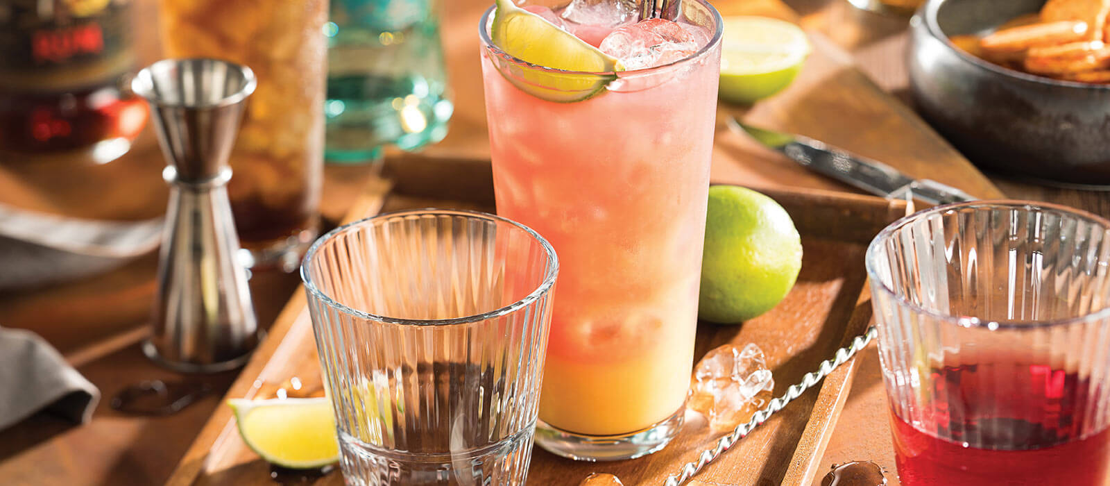Grande Sunray glassware on bar table with full drinks