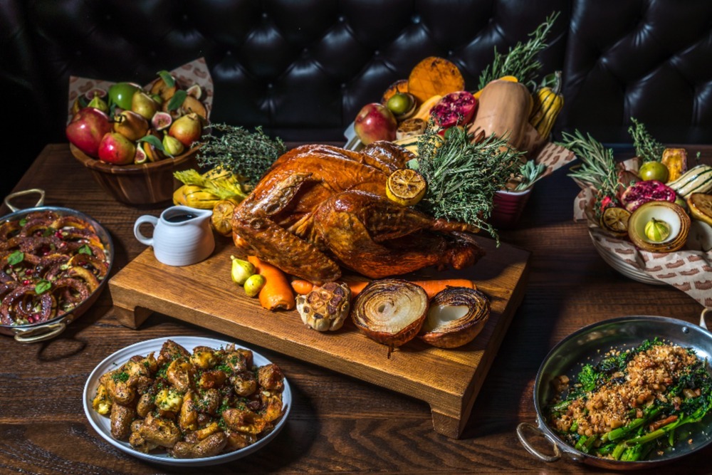 close up on table with delicious thanksgiving spread