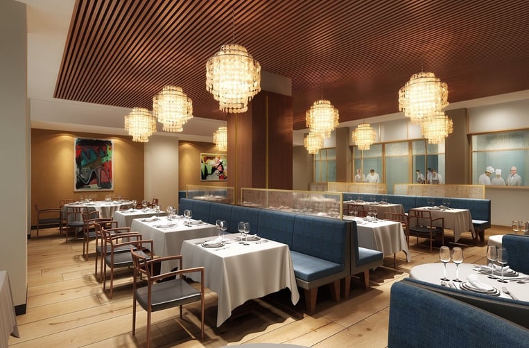 An elegant shot of the Aquavit restaurant dining room