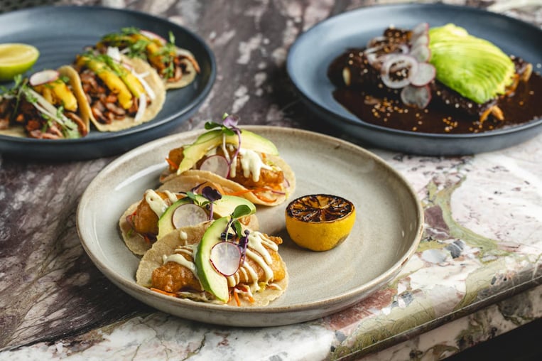 Lolita tacos, on rustic plating in bright light