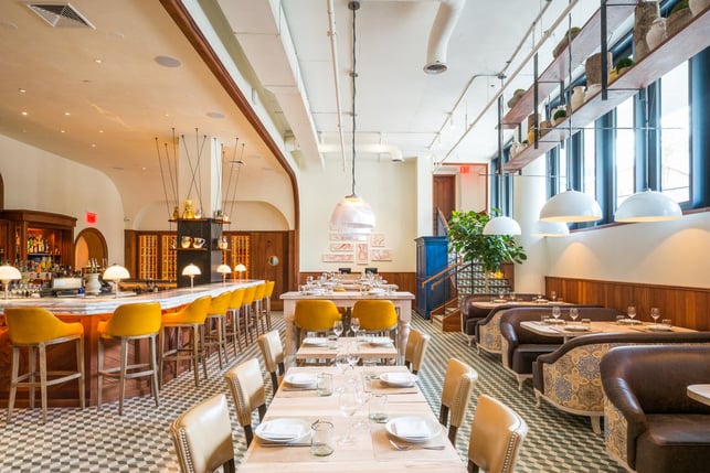 Bright and sunny interior of Leuca restaurant