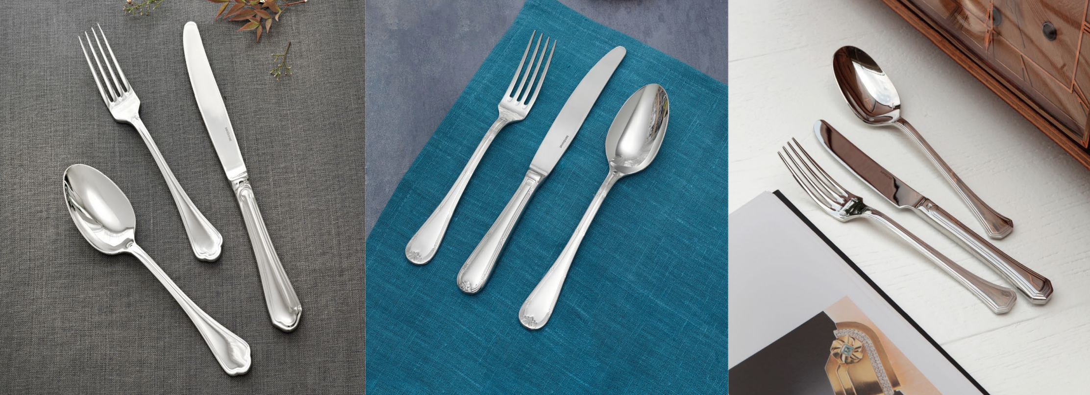 3 images, side by side, of forks, spoons, and knives