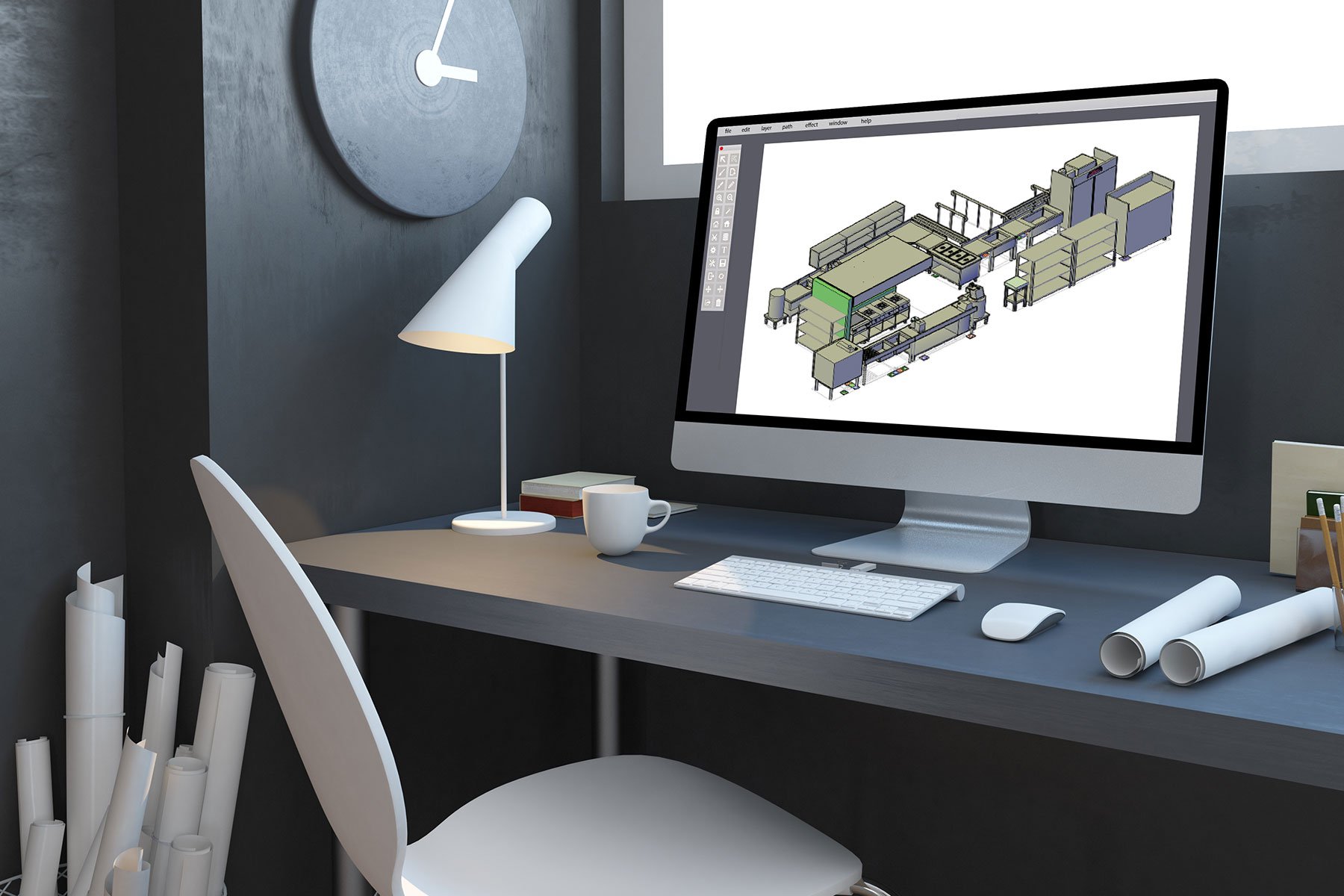 Desktop computer showing digital blueprint of restaurant kitchen