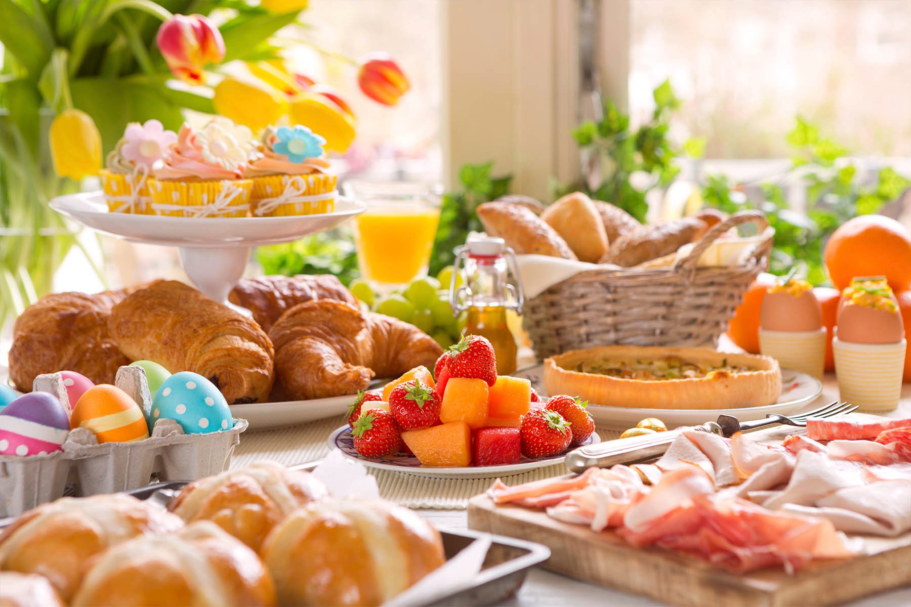 Table with delicatessen ready for Easter brunch