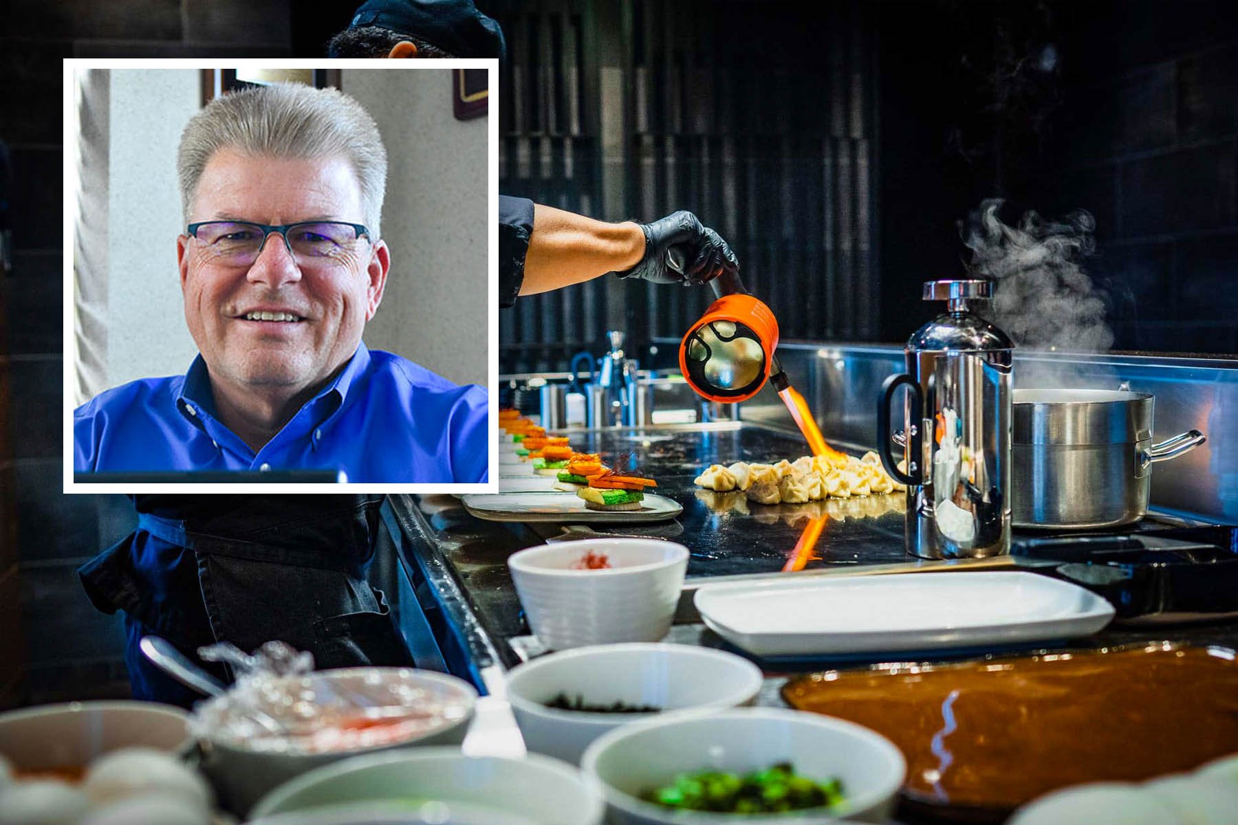 Ed Pecinka Jr. headshot in front of an action shot of a chef flambeing food