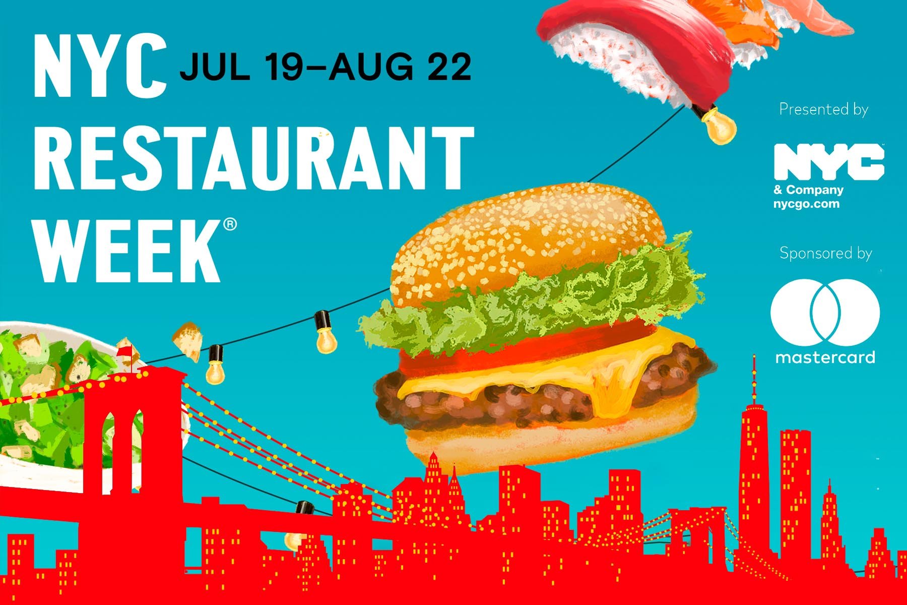 illustration of city in red with salad, a burger, and sushi floating in the sky with the title "NYC Restaurant Week"