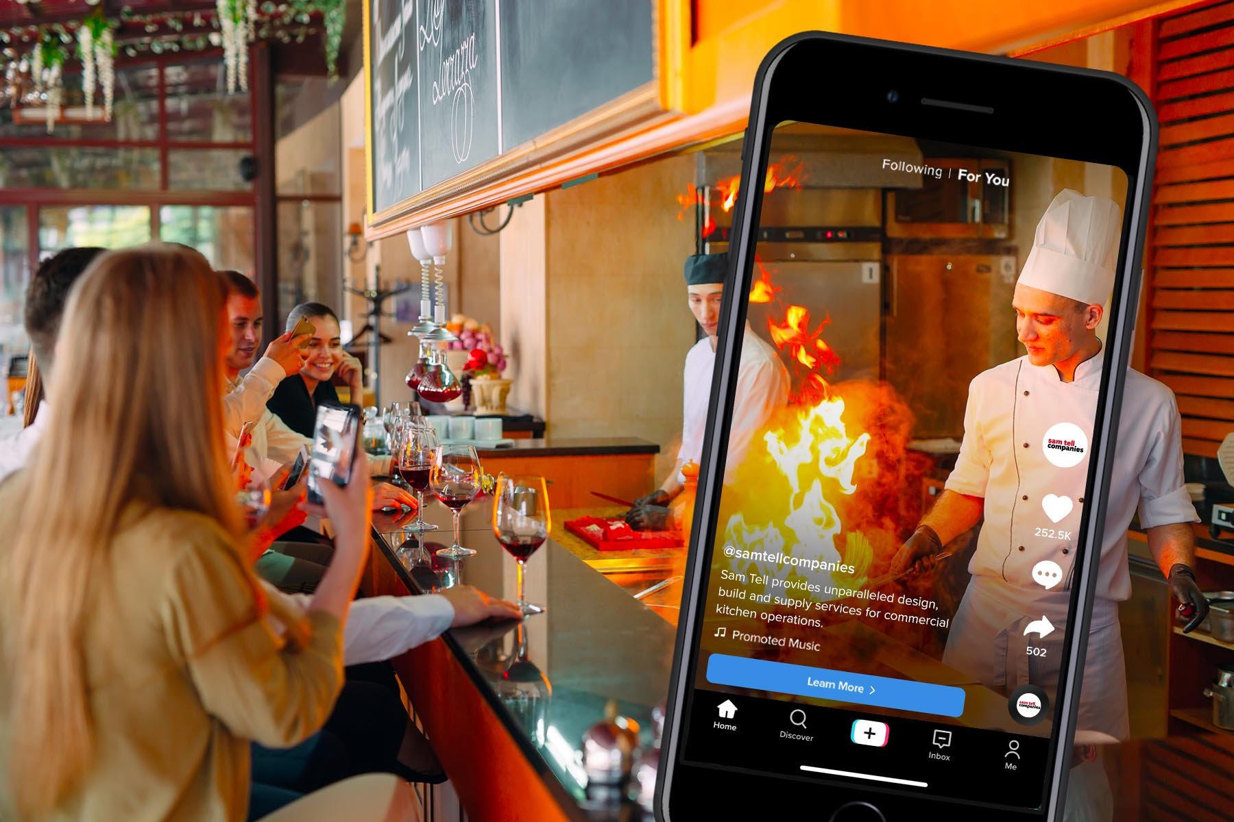 chef flambéing at a restaurant while customers watch in astonishment with an overlay of an iphone recording a tiktok video of the environment