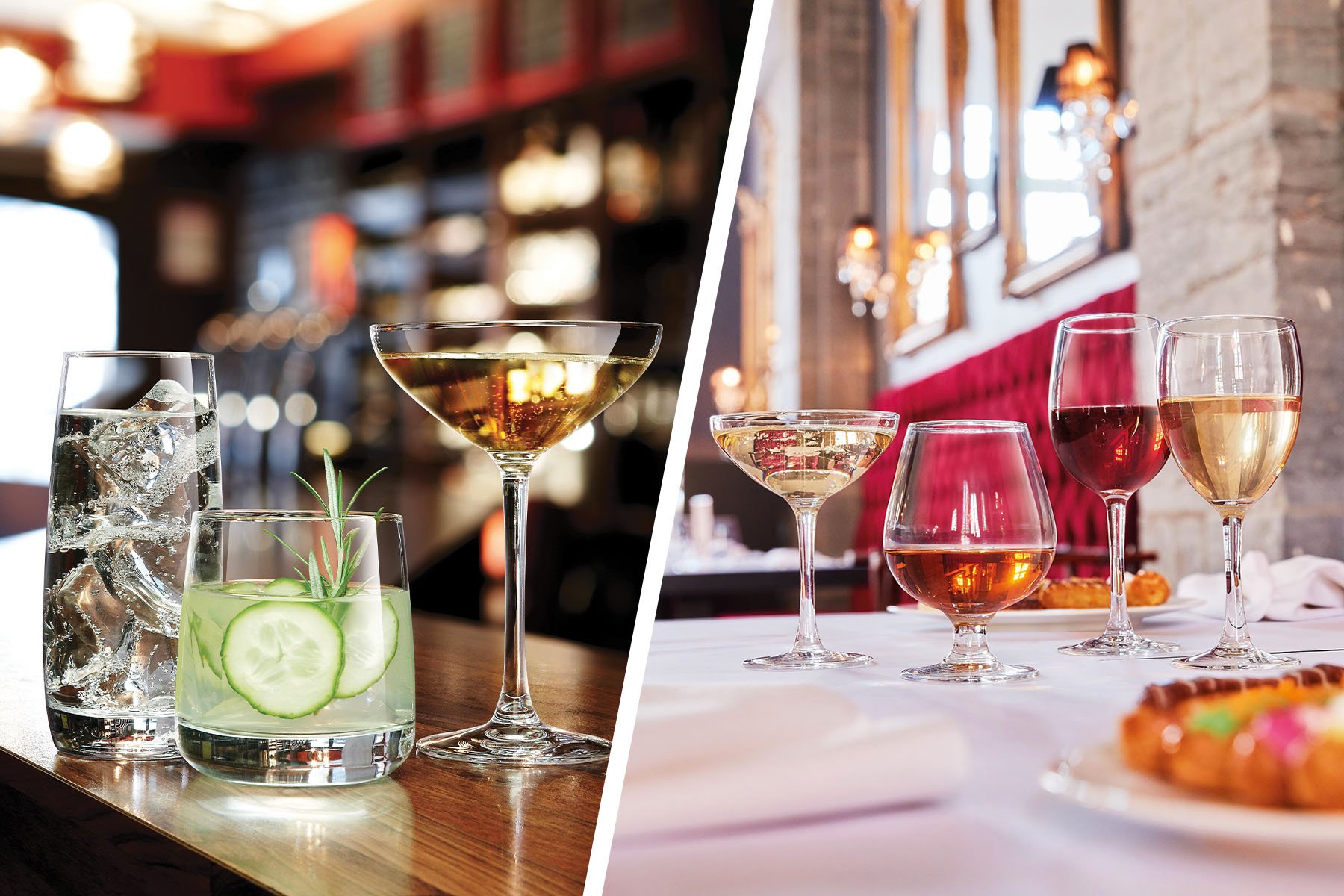two images of cocktail and wine glasses side by side