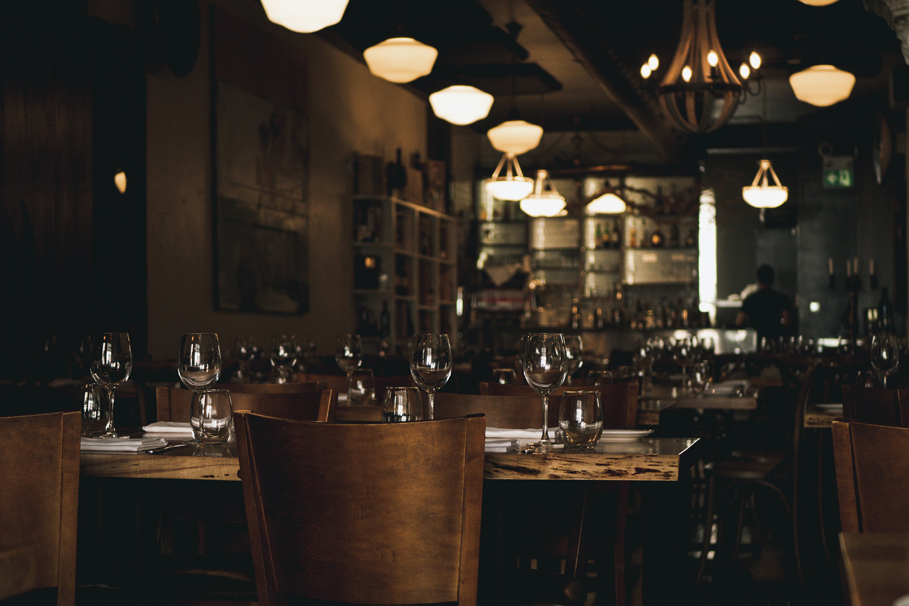 Restaurant with dim lighting and wooden color scheme