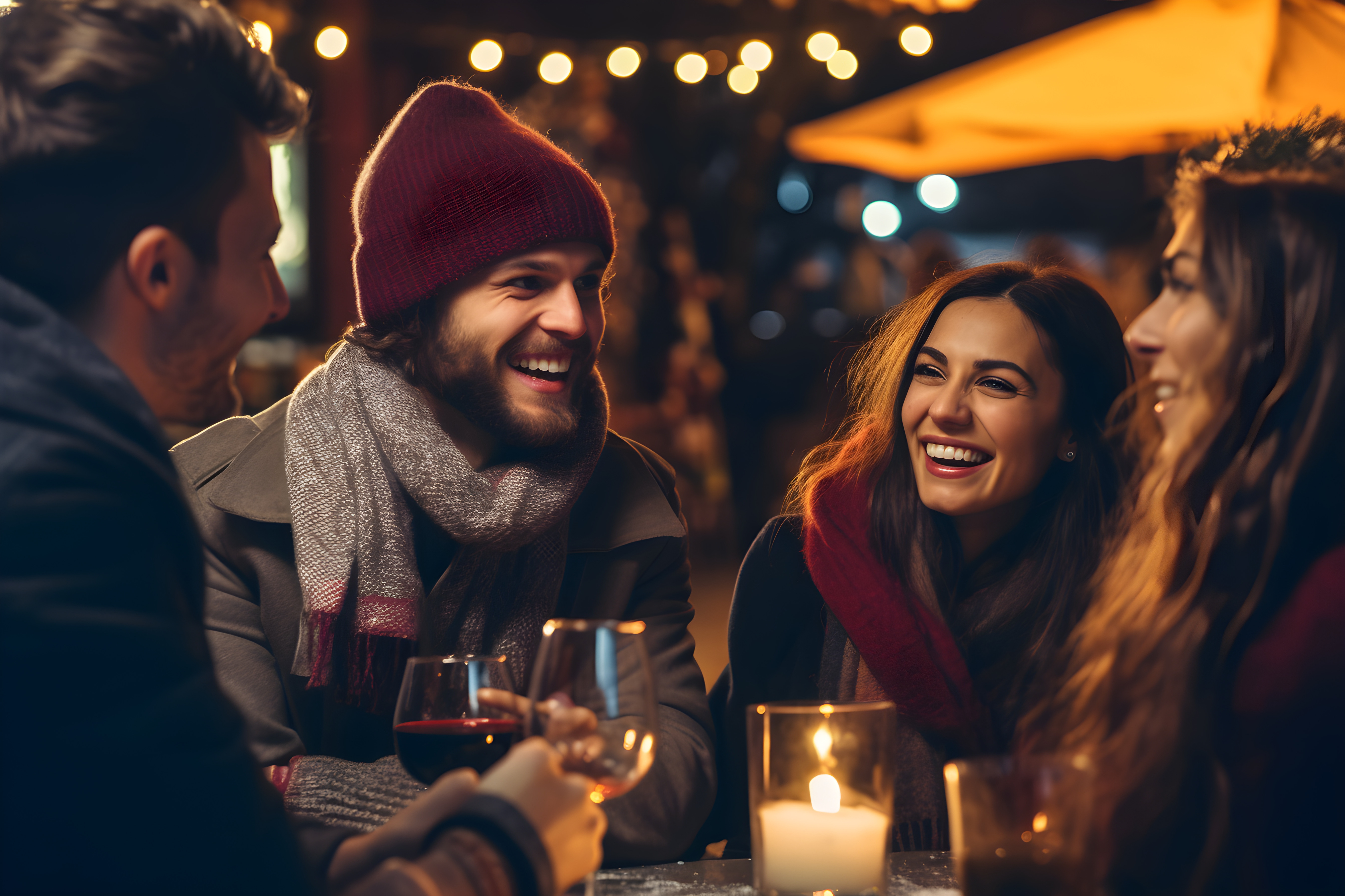 Group of friends drinking outside in the winter time