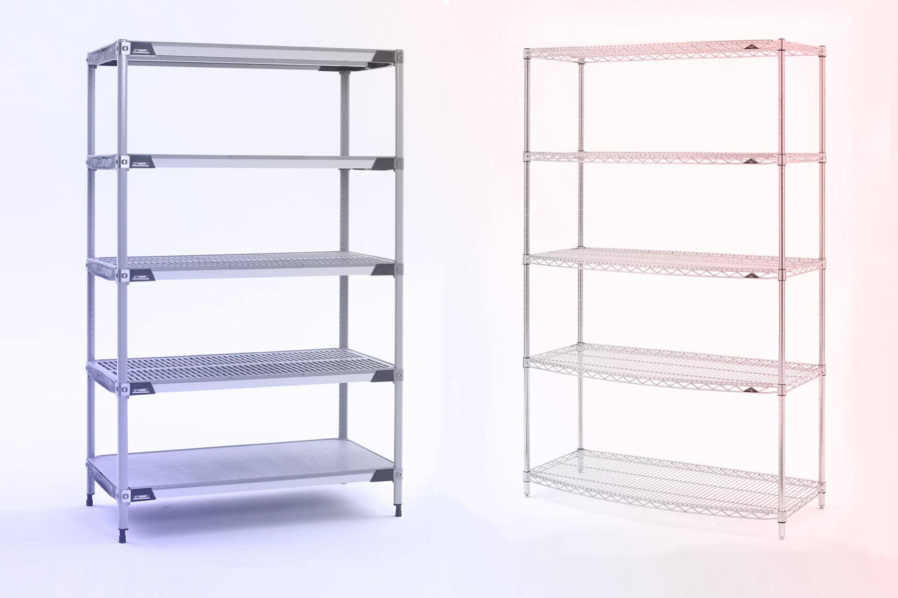 Polymer shelving cart next to wire shelving cart